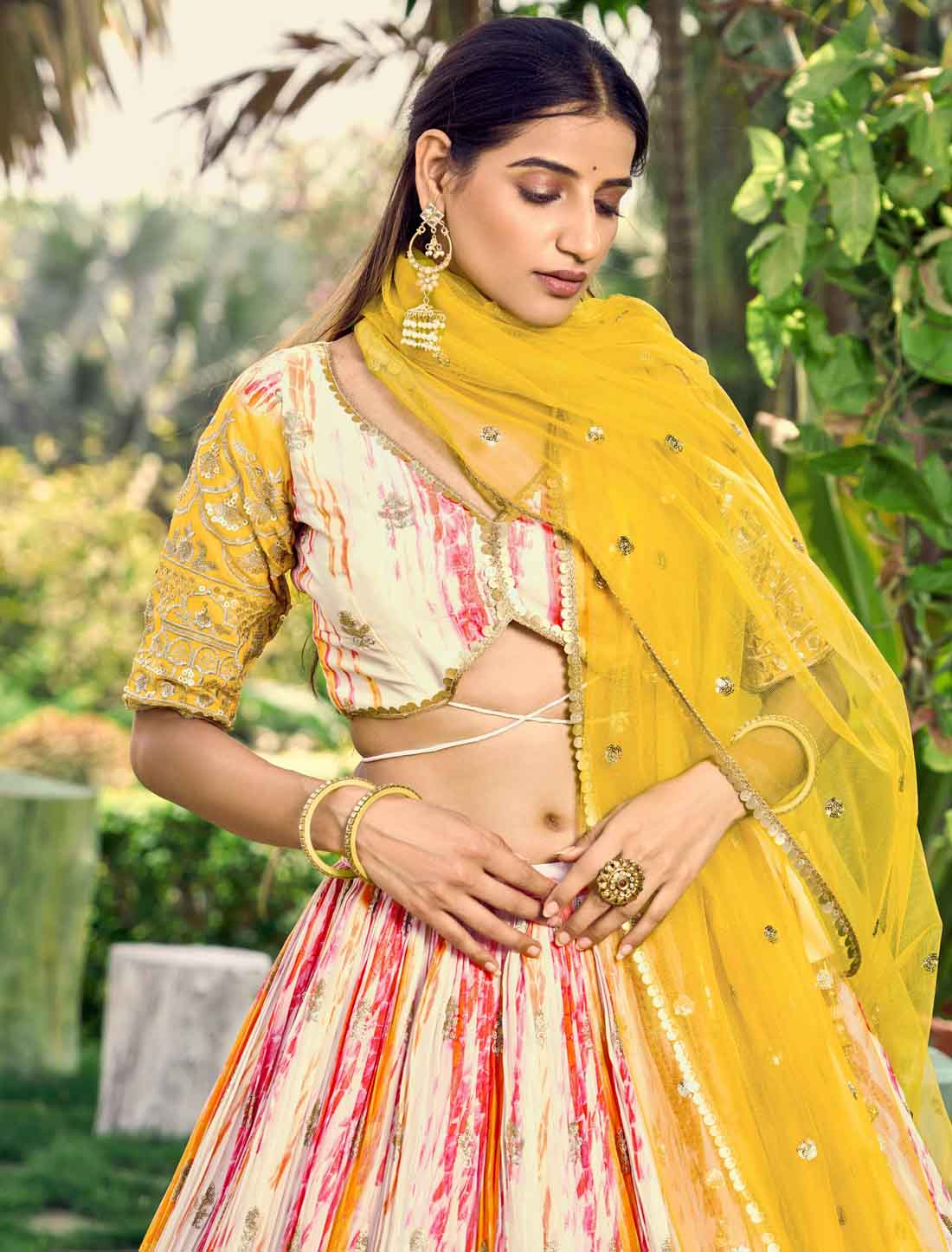 Yellow Chinon With Embroidery Ethnic Digital Print Lehenga Choli