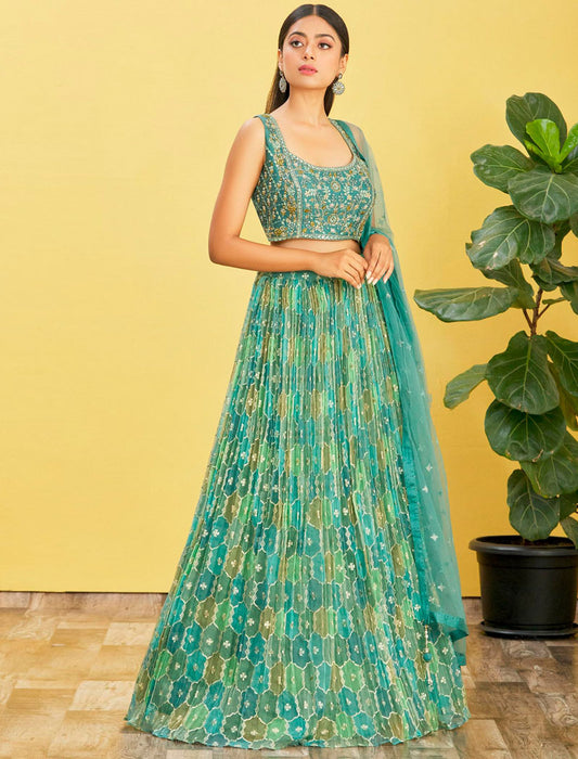 Green Organza And Soft Net Lehenga With Dupatta And Silk Blouse UnStitched Lehenga Choli Sets