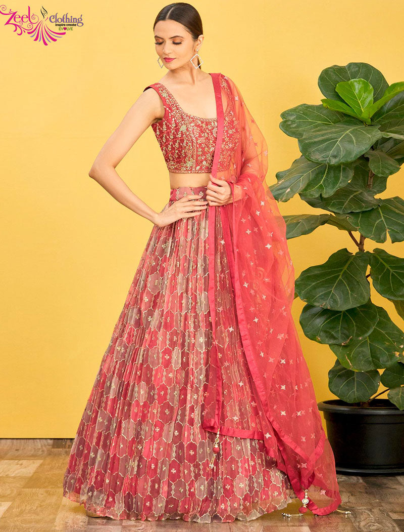 Brown Organza And Soft Net Lehenga With Dupatta And Silk Blouse UnStitched Lehenga Choli Sets