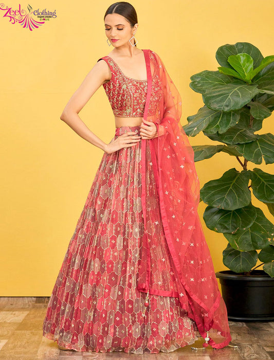 Brown Organza And Soft Net Lehenga With Dupatta And Silk Blouse UnStitched Lehenga Choli Sets