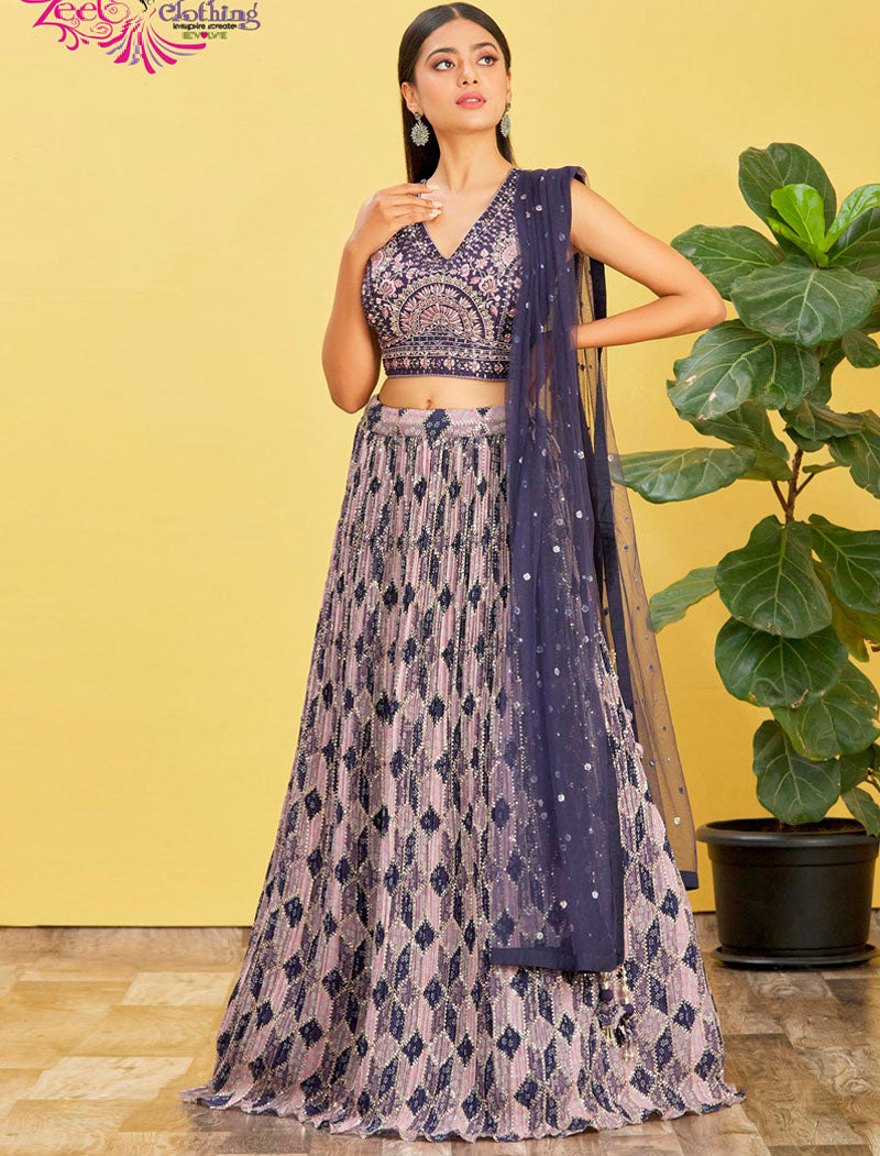 Blue Chinnon And Soft Net Lehenga With Dupatta And Silk Blouse UnStitched Lehenga Choli Sets