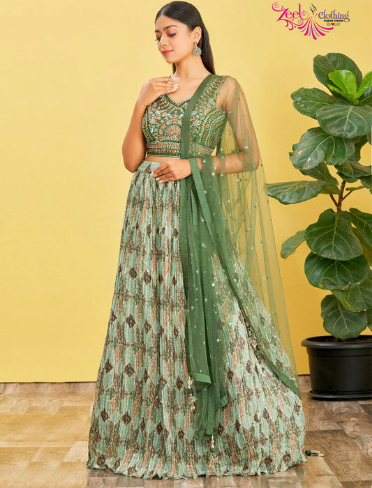 Green Chinnon And Soft Net Lehenga With Dupatta And Silk Blouse UnStitched Lehenga Choli Sets