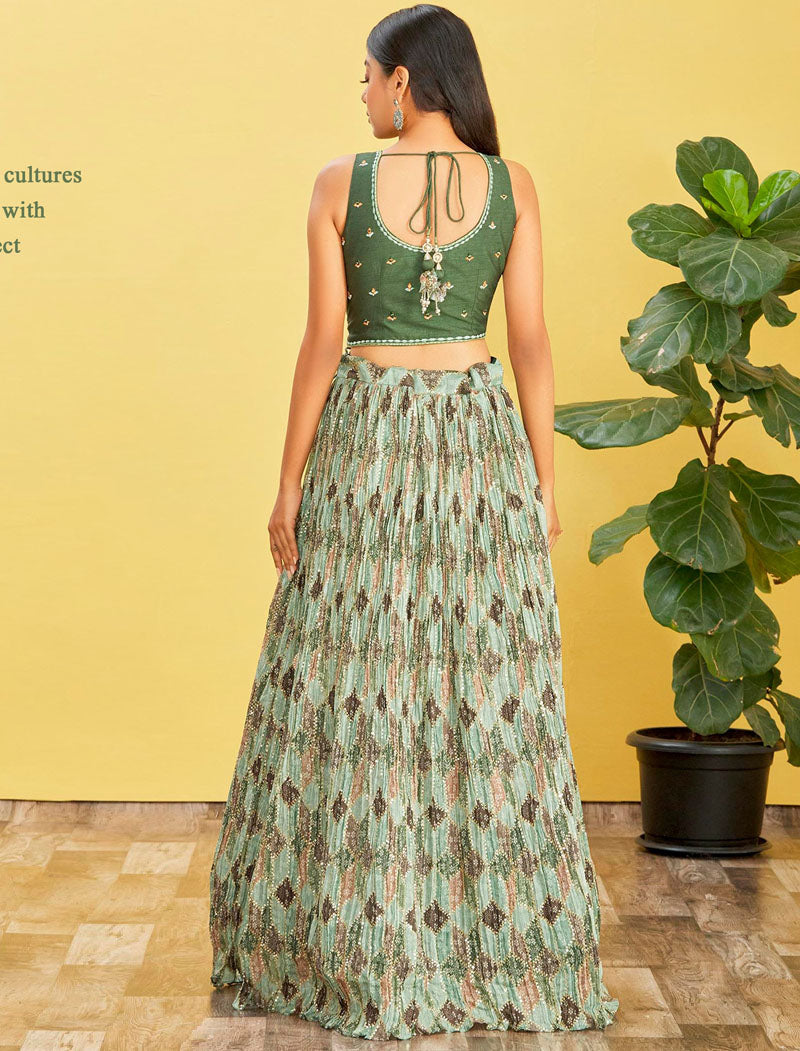 Green Chinnon And Soft Net Lehenga With Dupatta And Silk Blouse UnStitched Lehenga Choli Sets