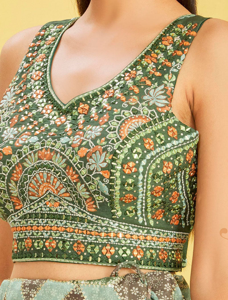 Green Chinnon And Soft Net Lehenga With Dupatta And Silk Blouse UnStitched Lehenga Choli Sets