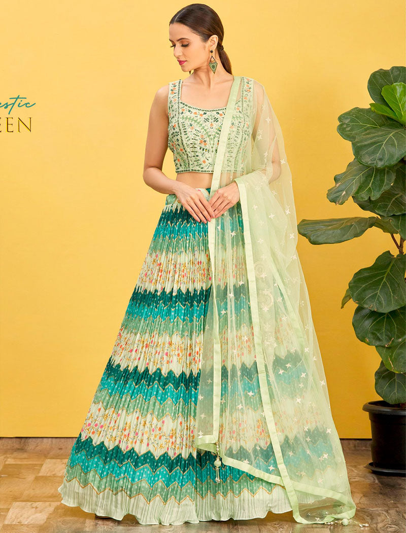 Green Chinnon And Soft Net Lehenga With Dupatta And Silk Blouse UnStitched Lehenga Choli Sets