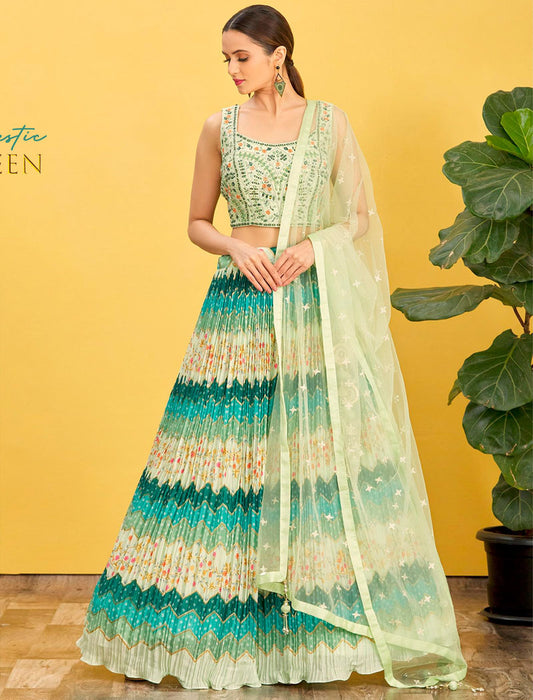 Green Chinnon And Soft Net Lehenga With Dupatta And Silk Blouse UnStitched Lehenga Choli Sets