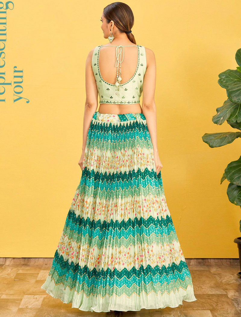 Green Chinnon And Soft Net Lehenga With Dupatta And Silk Blouse UnStitched Lehenga Choli Sets