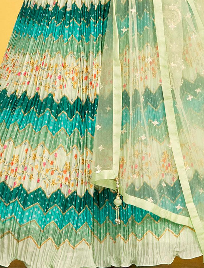 Green Chinnon And Soft Net Lehenga With Dupatta And Silk Blouse UnStitched Lehenga Choli Sets