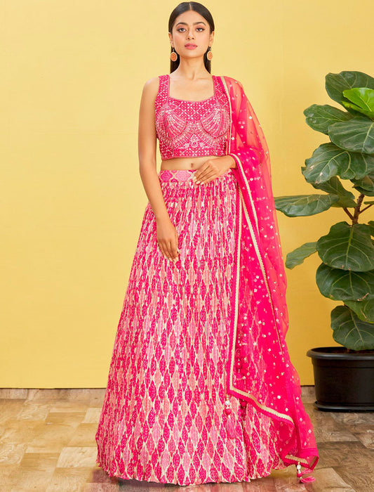 Pink Chinnon Wedding Lehenga Choli For Women With Dupatta And Silk Blouse