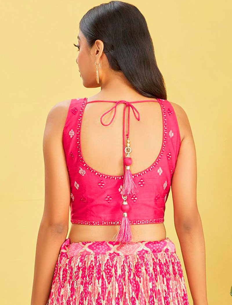 Pink Chinnon Wedding Lehenga Choli For Women With Dupatta And Silk Blouse