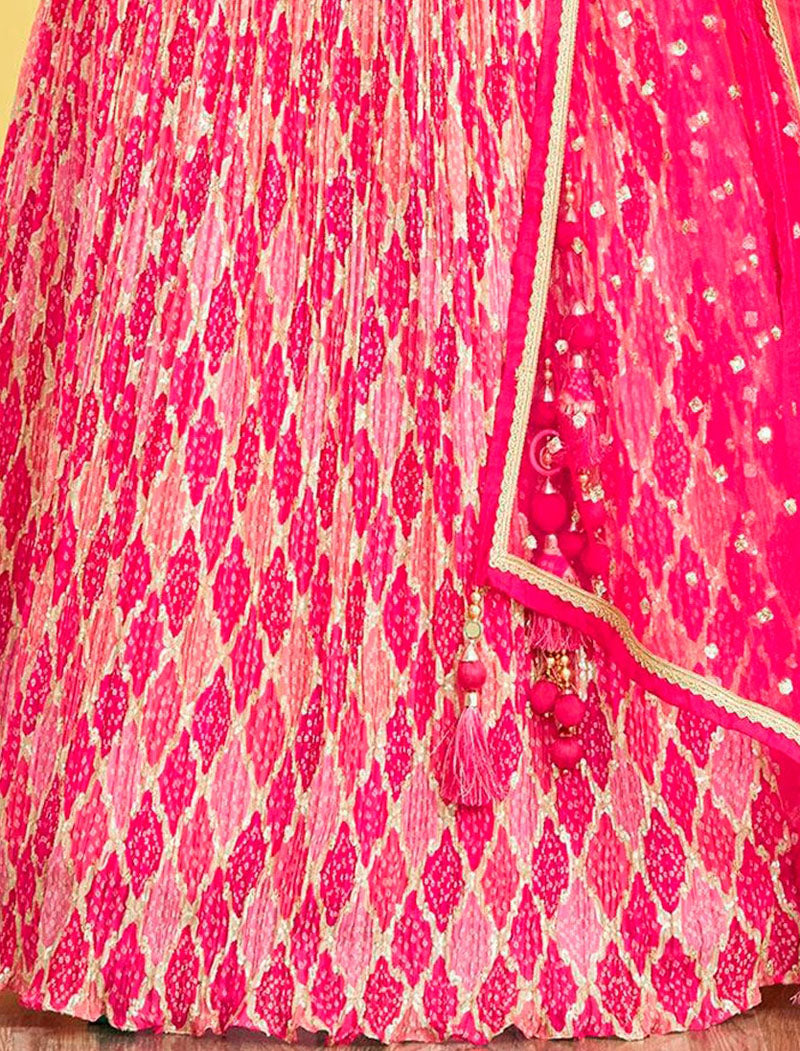 Pink Chinnon Wedding Lehenga Choli For Women With Dupatta And Silk Blouse