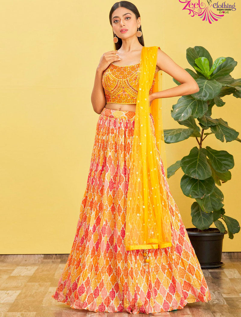 Yellow Chinnon And Soft Net Lehenga With Dupatta And Silk Blouse UnStitched Lehenga Choli Sets