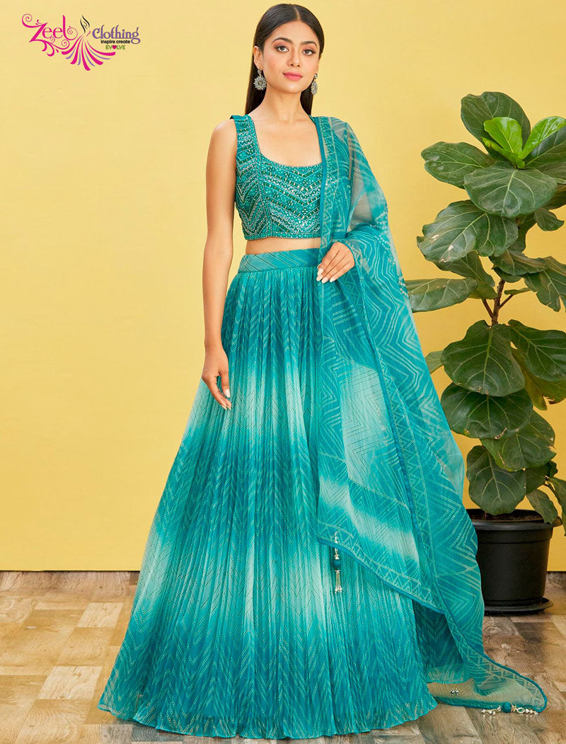 Blue Organza And Soft Net Lehenga With Dupatta And Silk Blouse UnStitched Lehenga Choli Sets