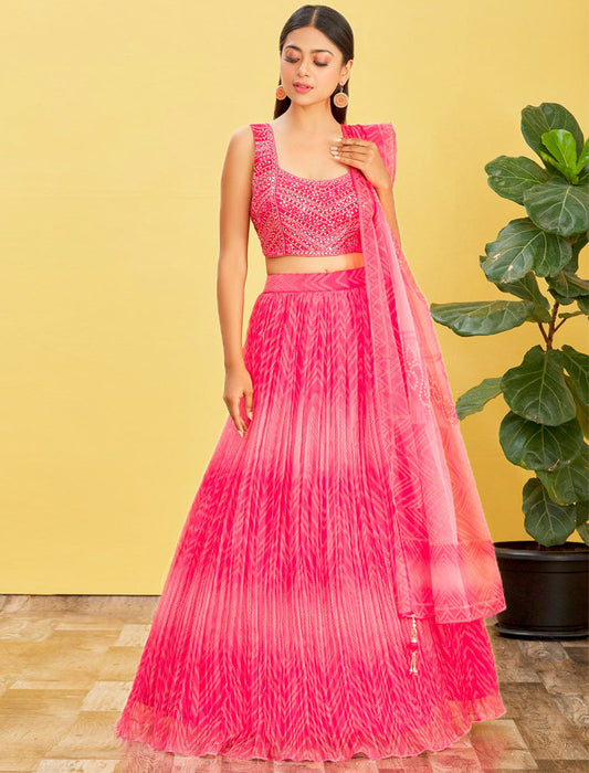 Pink Organza Wedding Lehenga Choli Sets For Women with Soft Net Lehenga & Dupatta And Silk Blouse