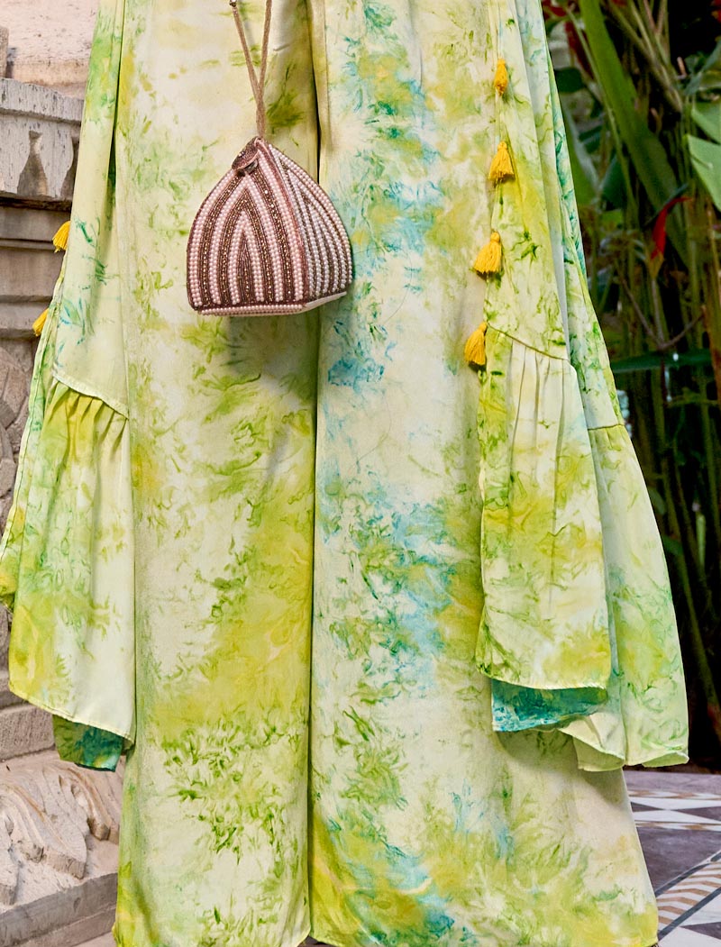 Floracance Green Blue Silk Full Stitched Luxurious Co-ords Sets, Koti Style And Palazzo Printed Work