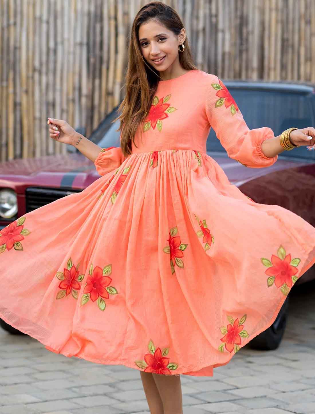 Elevate Peach Kota Checks With Digital Printed Short Western Dress
