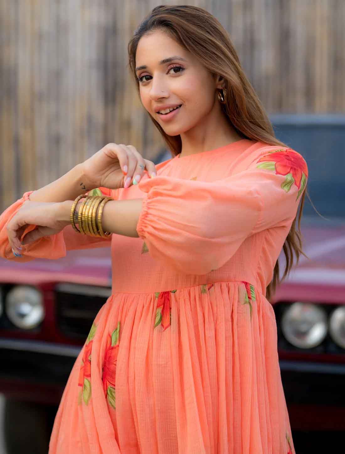 Elevate Peach Kota Checks With Digital Printed Short Western Dress