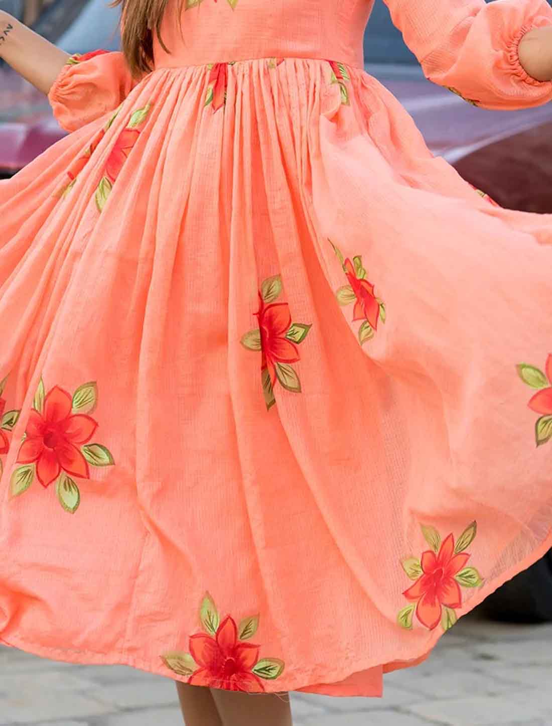 Elevate Peach Kota Checks With Digital Printed Short Western Dress