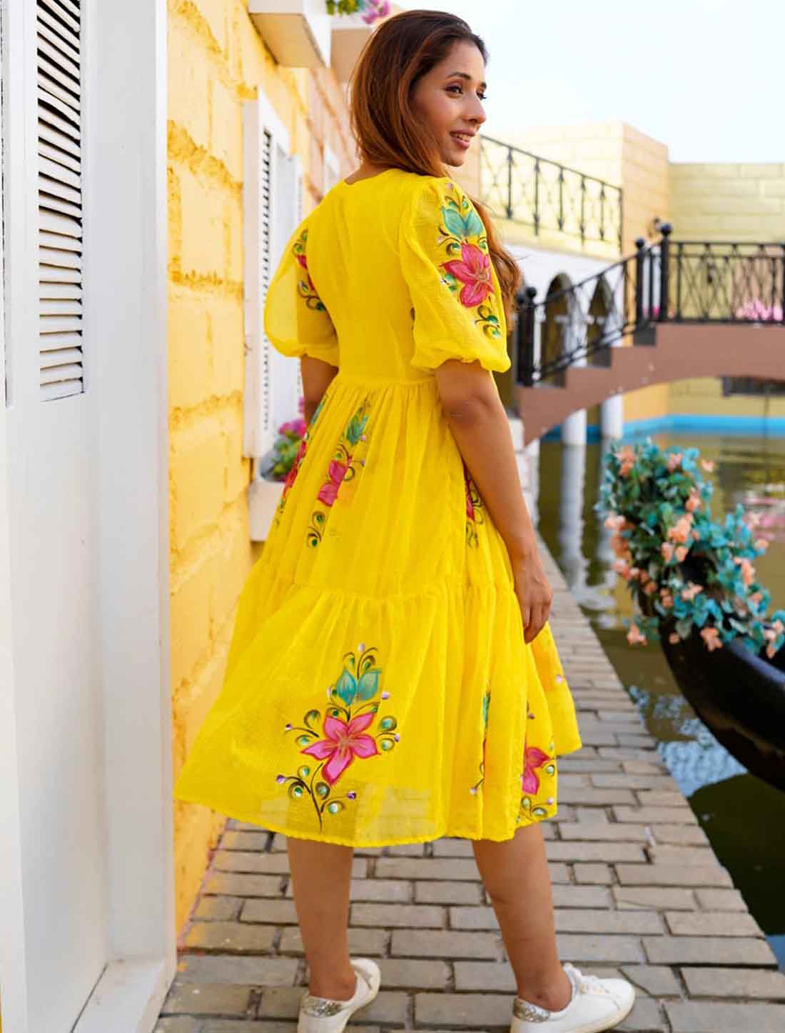 Elevate Yellow Weatren Kota Checks With Digital Printed Dress