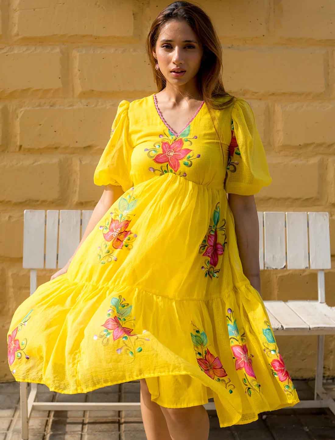 Elevate Yellow Weatren Kota Checks With Digital Printed Dress