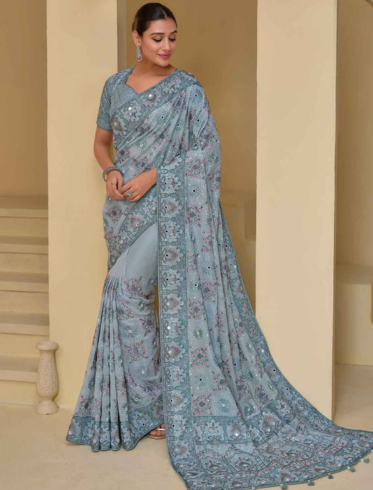 Designer Grey Pure Banarasi Tuscany Ethinc Saree