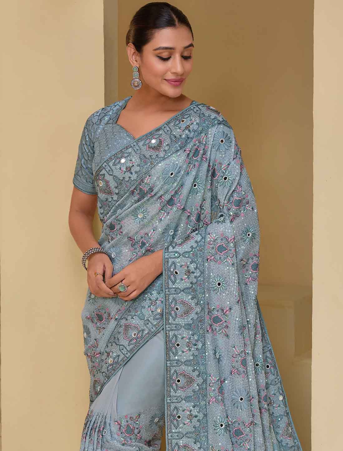 Designer Grey Pure Banarasi Tuscany Ethinc Saree