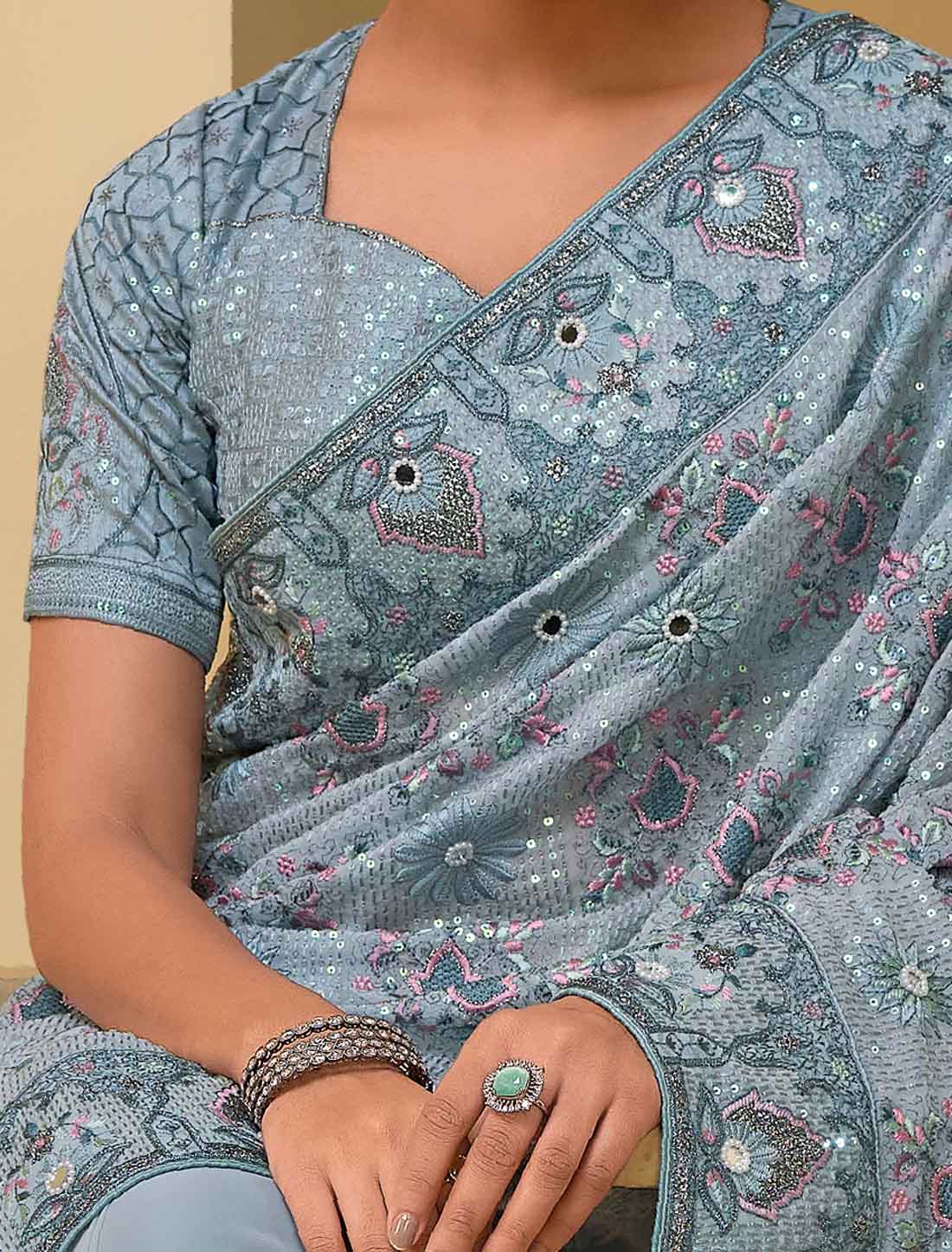 Designer Grey Pure Banarasi Tuscany Ethinc Saree