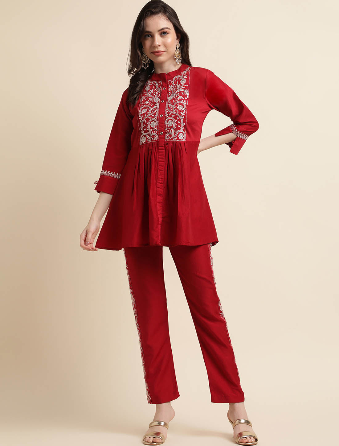 Maroon Chinon Enhance Your Style Embroidered Western Women Co-ord Sets