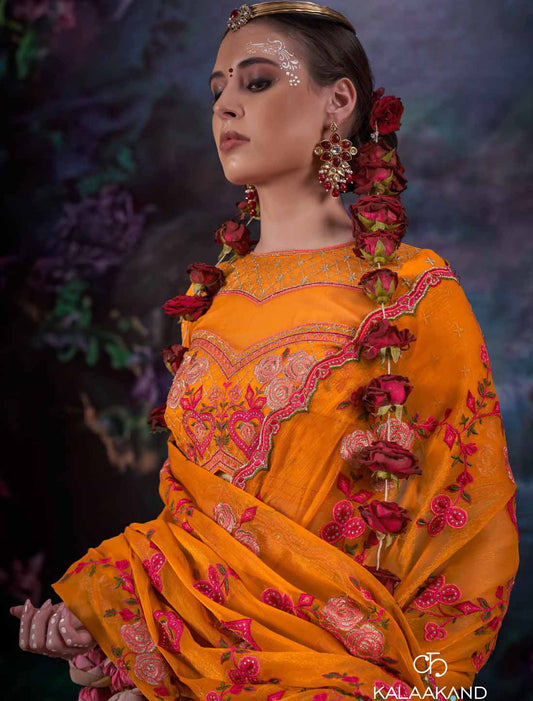 Mustard Yellow Gold Shimmer Multi Thread Embroidery Ethnic Saree