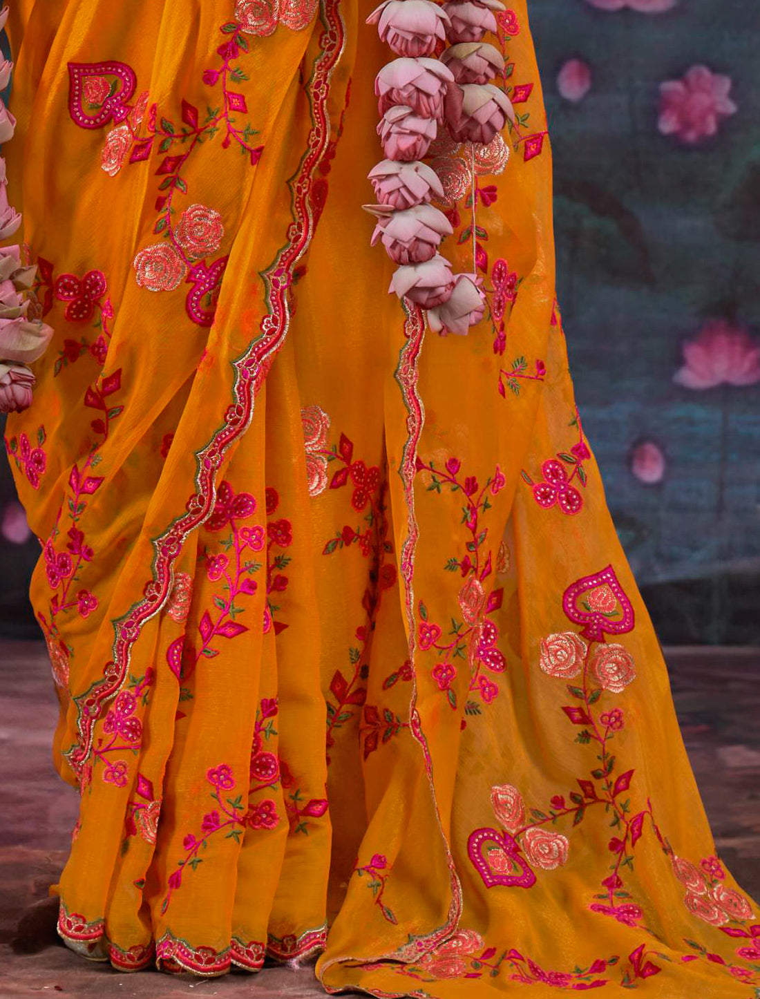 Mustard Yellow Gold Shimmer Multi Thread Embroidery Ethnic Saree