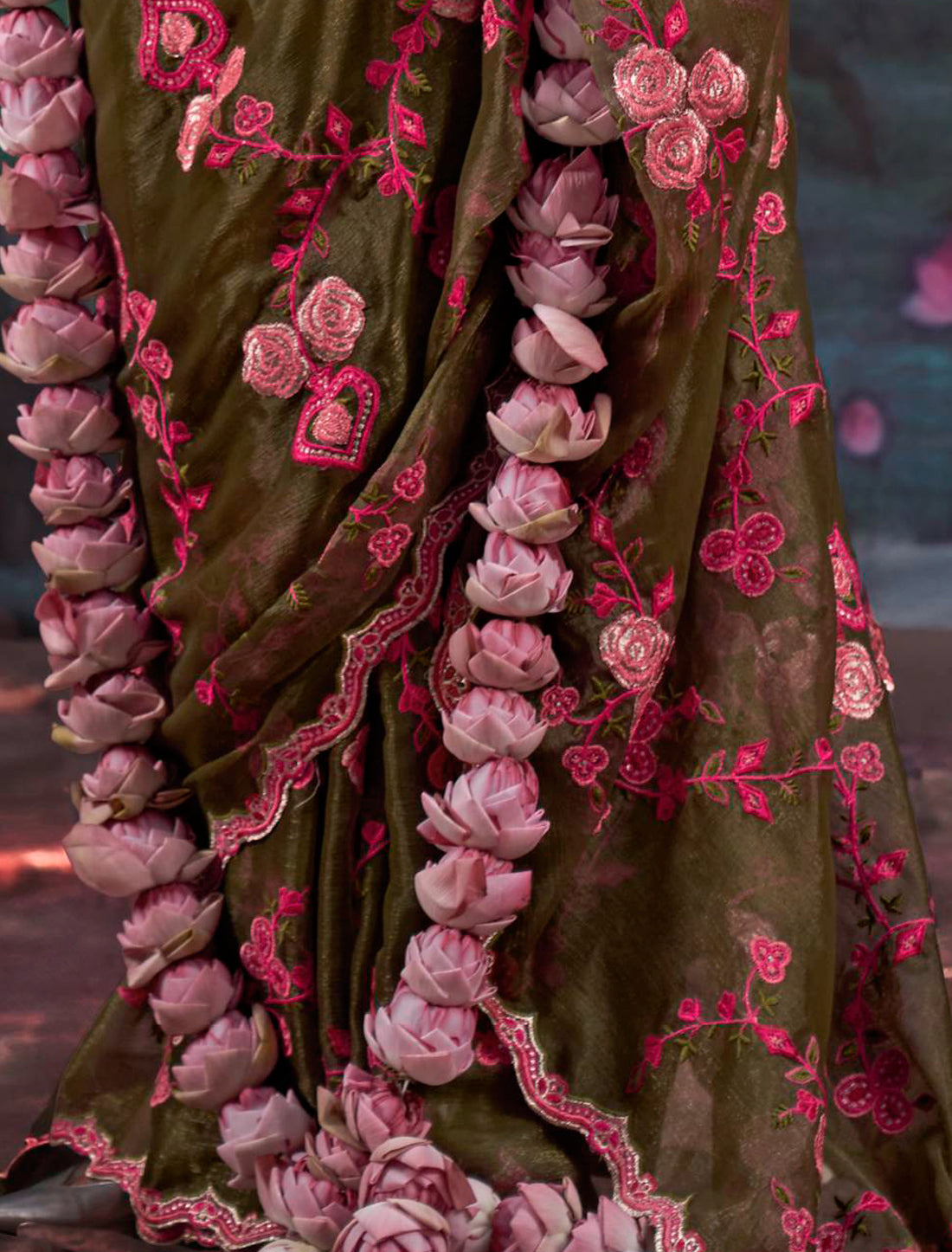 Gold Shimmer Ethnic Olive Green Multi Thread Embroidery Saree