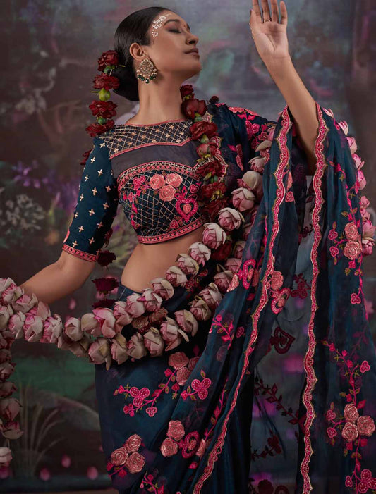 Neavy Blue Gold Shimmer Multi Thread Embroidery Ethnic Saree