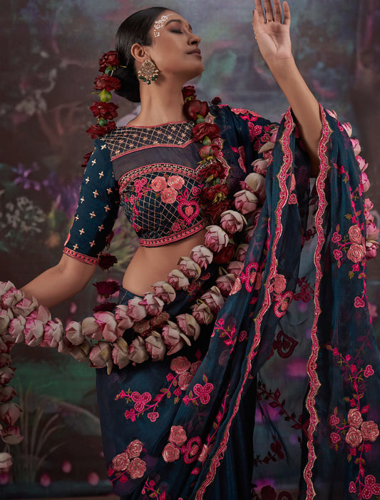 Neavy Blue Gold Shimmer Multi Thread Embroidery Ethnic Saree