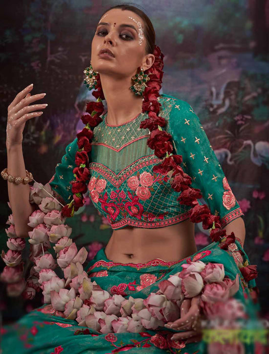 Teal Blue Ethnic Gold Shimmer Multi Thread Embroidery Saree