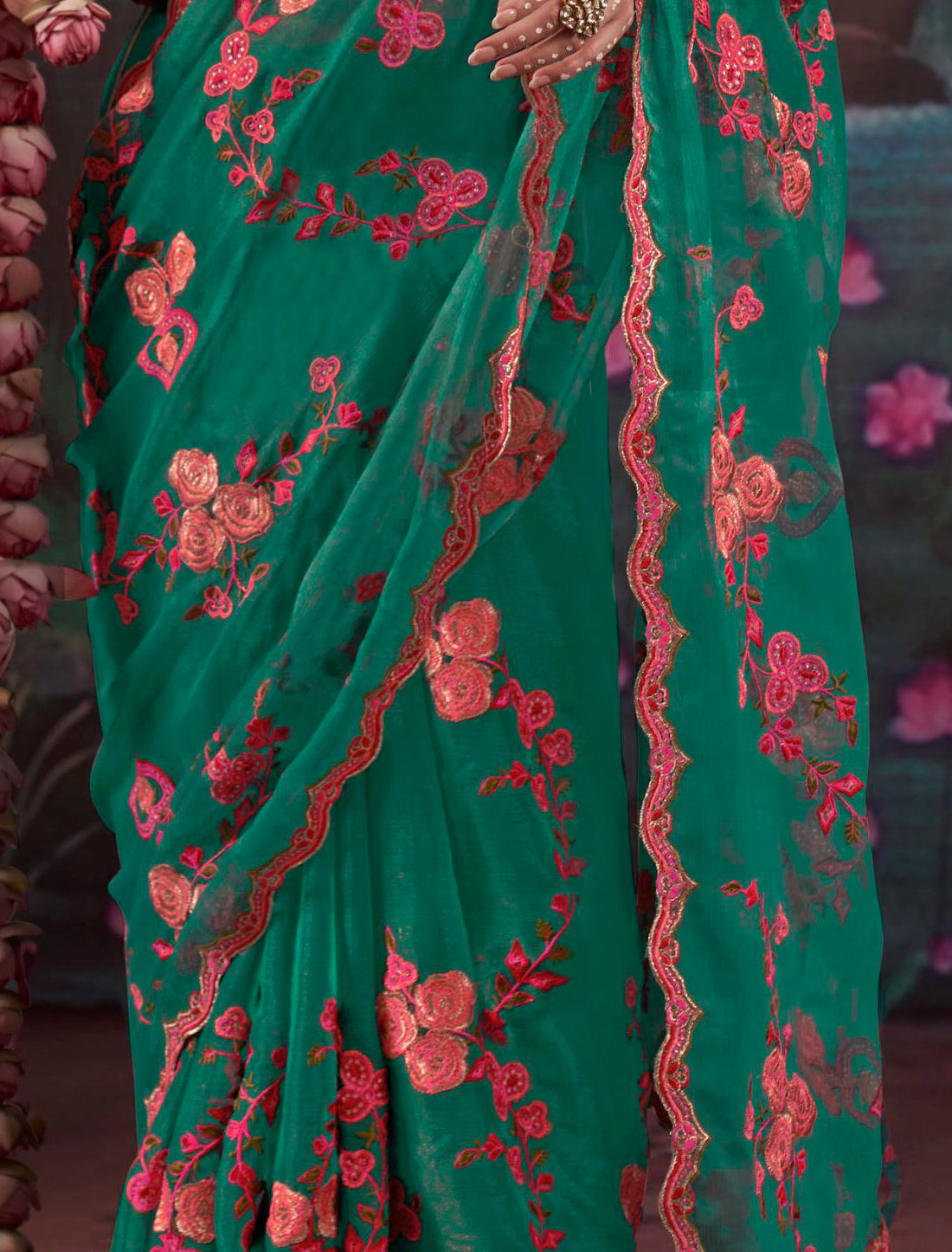 Teal Blue Ethnic Gold Shimmer Multi Thread Embroidery Saree