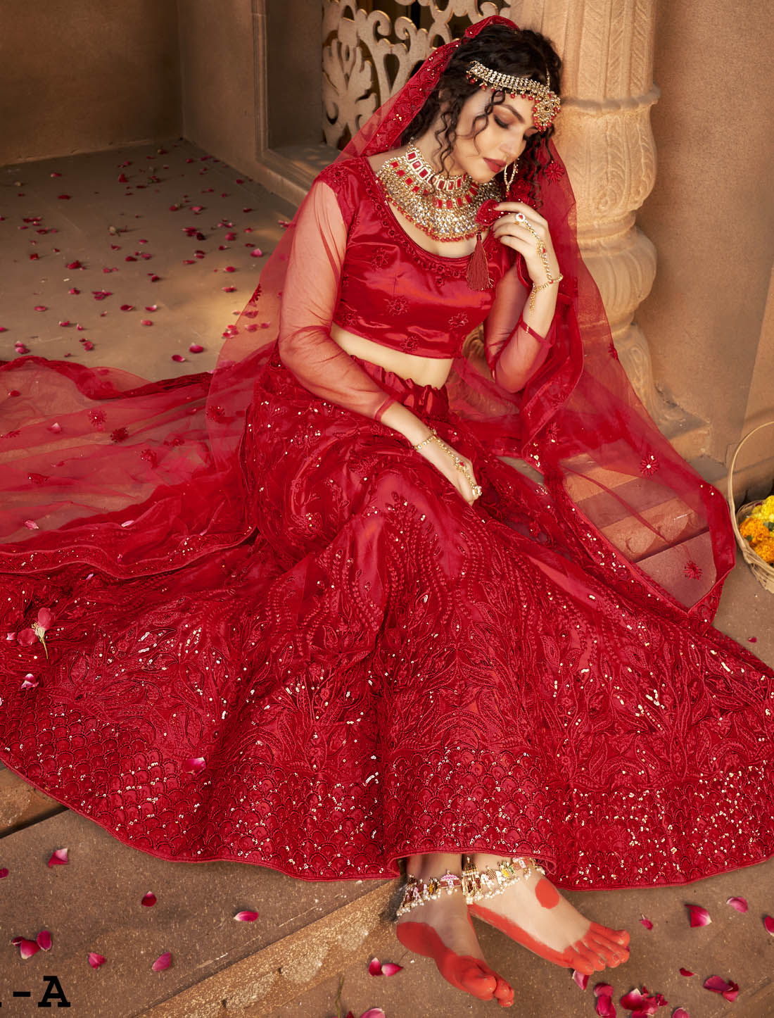 Red Ethnic Semi Stitched Lehenga Choli For Wedding With Multi-Sequins Embroidery
