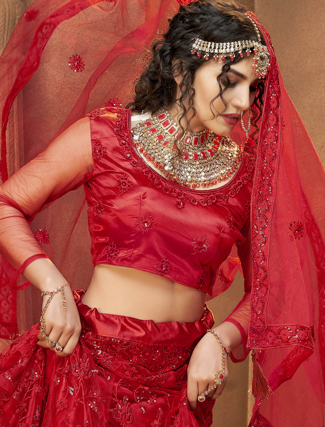Red Ethnic Semi Stitched Lehenga Choli For Wedding With Multi-Sequins Embroidery