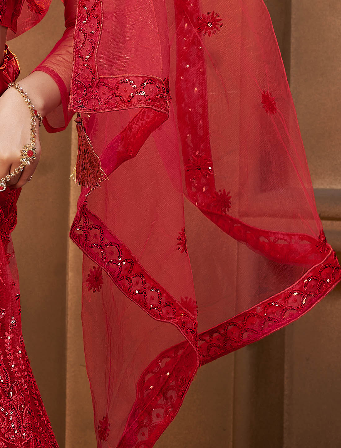 Red Ethnic Semi Stitched Lehenga Choli For Wedding With Multi-Sequins Embroidery