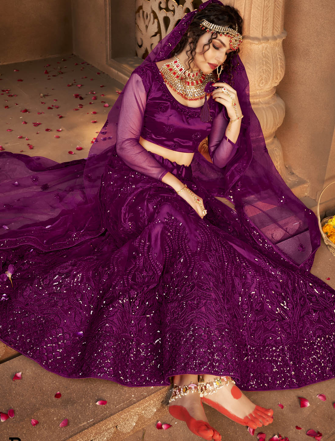 Dark Magneta Ethnic Women Party Wear Lehenga Choli with Silk Satin Stunning Multi-Sequins Work
