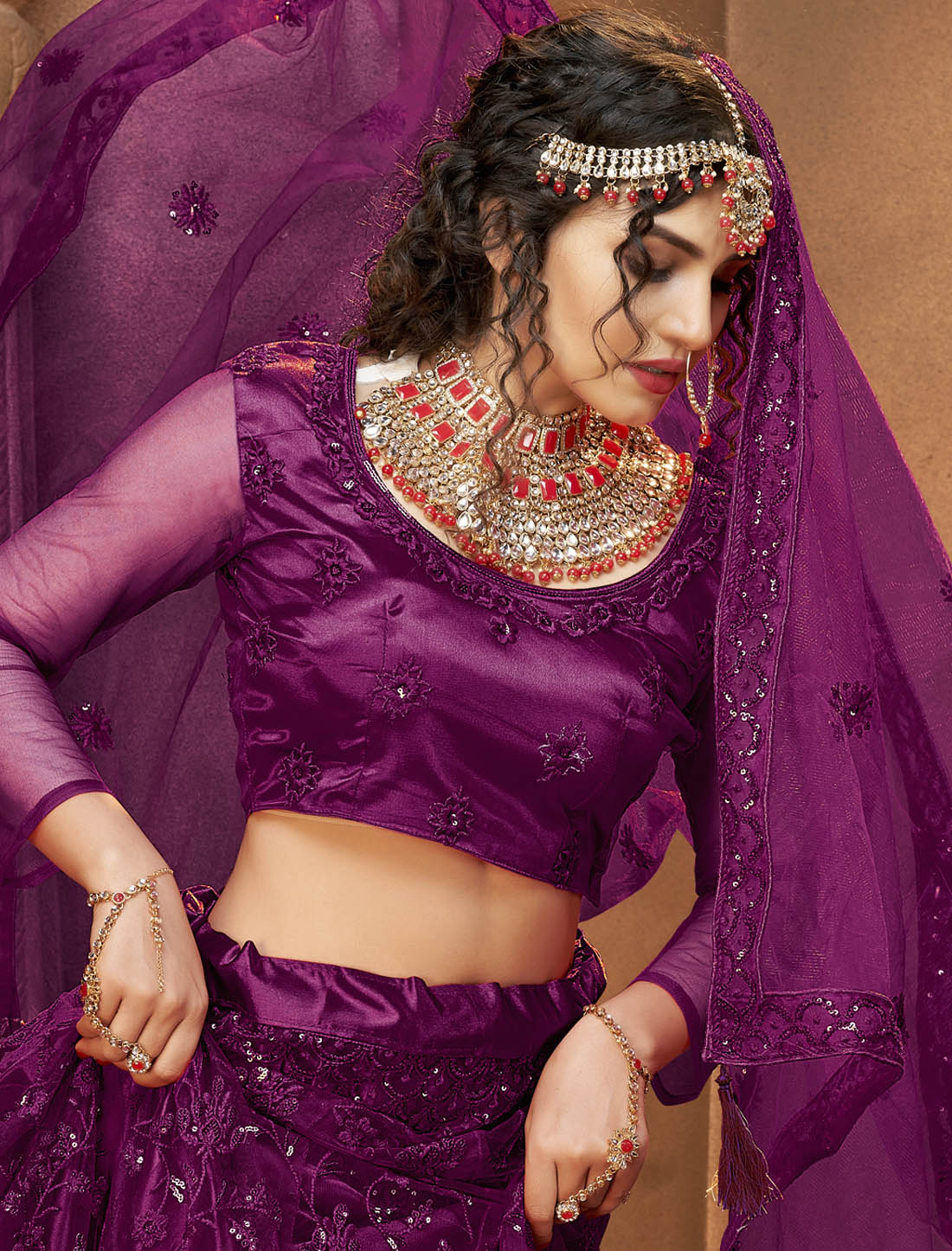 Dark Magneta Ethnic Women Party Wear Lehenga Choli with Silk Satin Stunning Multi-Sequins Work