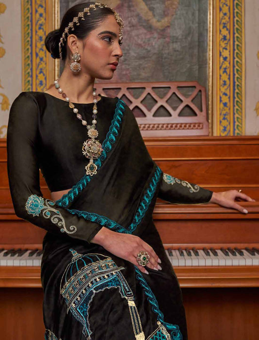 Ethnic Black Soft Chiffon Multi Thread Embroidery Saree