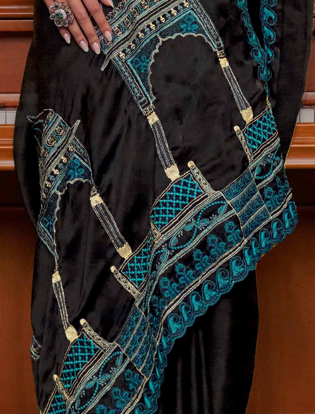 Ethnic Black Soft Chiffon Multi Thread Embroidery Saree