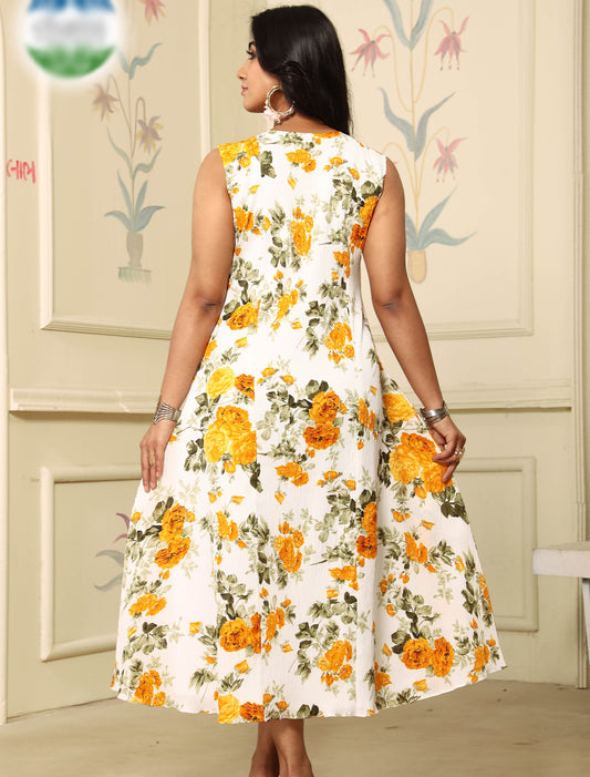 Yellow & White Polyster With Crepe Inner Digital Pint Sleeveless Casual Dress
