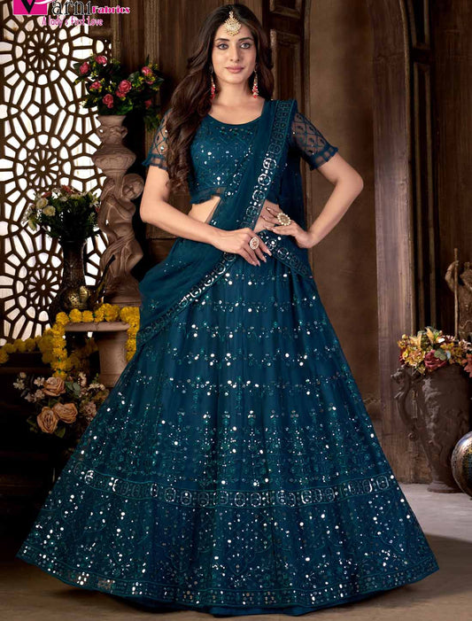 Navy Blue Net With Multi Embroidered Mirror Ethnic Lehenga Choli