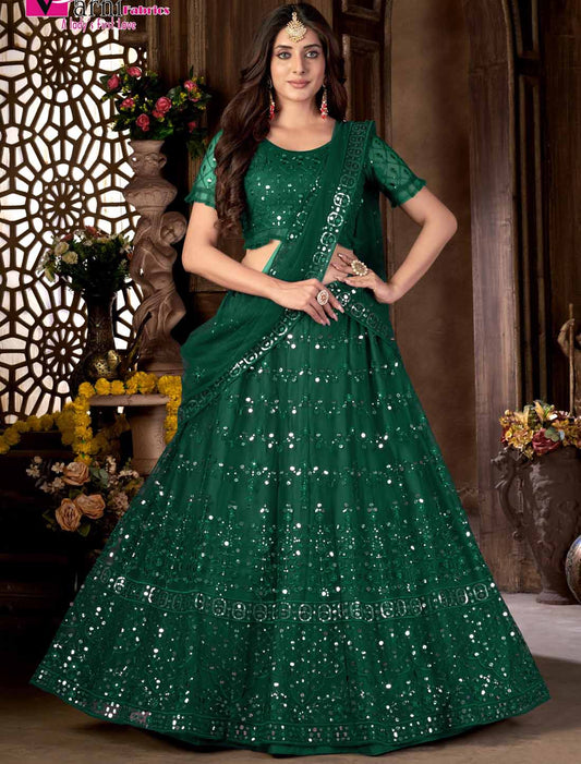 Dark Green Net With Ethnic Multi Embroidered Mirror Lehenga Choli