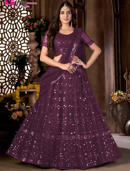 Ethnic Violet Net With Multi Embroidered Mirror Lehenga Choli