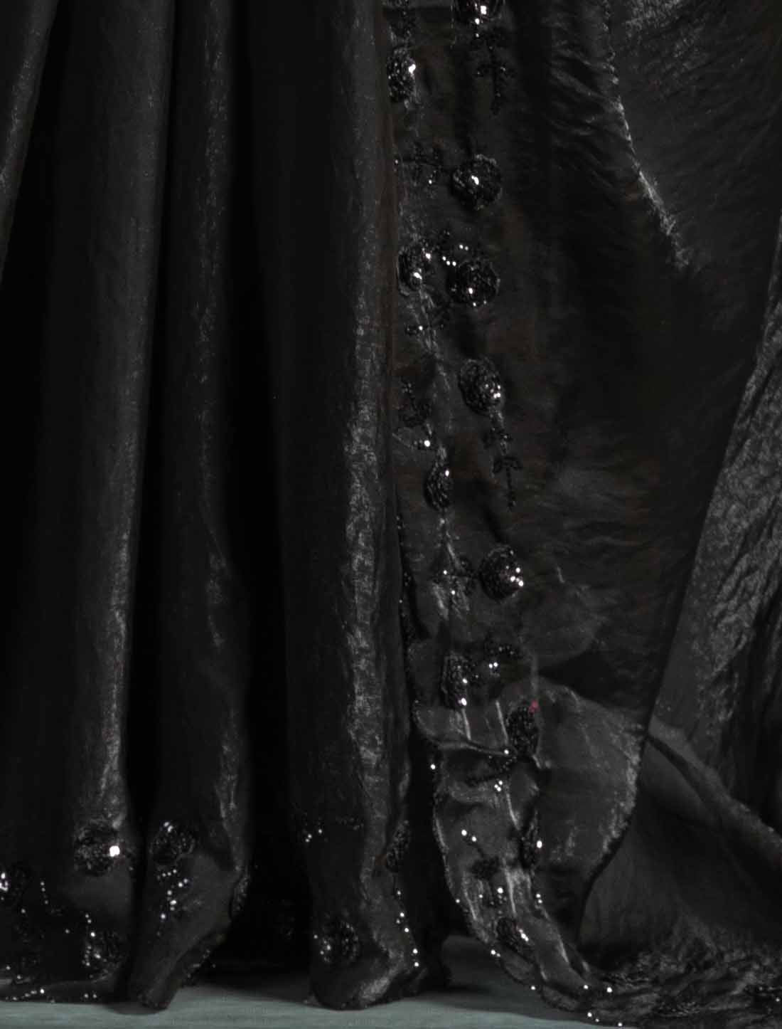 Black Ethnic Tow-Tone Satin Silk Hand Work Jarkan Un-Stitched Saree