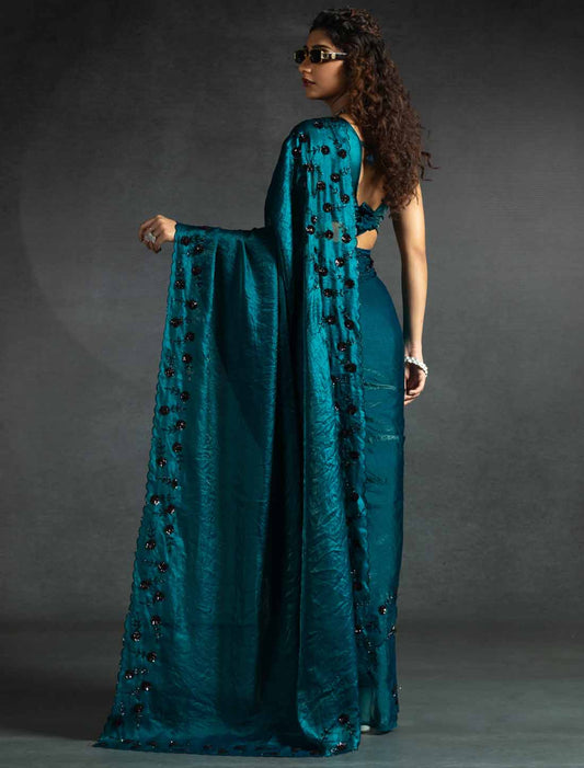 Teal Blue Ethnic Tow-Tone Satin Silk Hand Work Jarkan Saree
