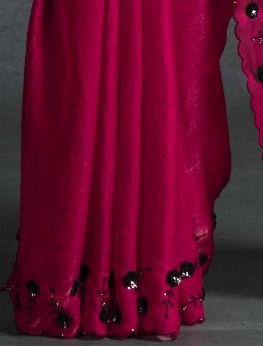 Red Ethnic Tow-Tone Satin Silk Hand Work Jarkan Un-Stitched Saree