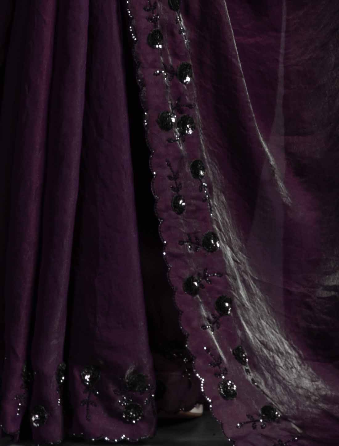 Dark Violet Ethnic Tow-Tone Satin Silk Hand Work Jarkan Un-Stitched Saree